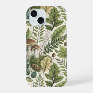 Coque iPhone 15 Champignons de forêt Pomme de pin Fougères Motif d