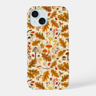 Coque iPhone 15 Champignons forestiers et flore automnale sur fond