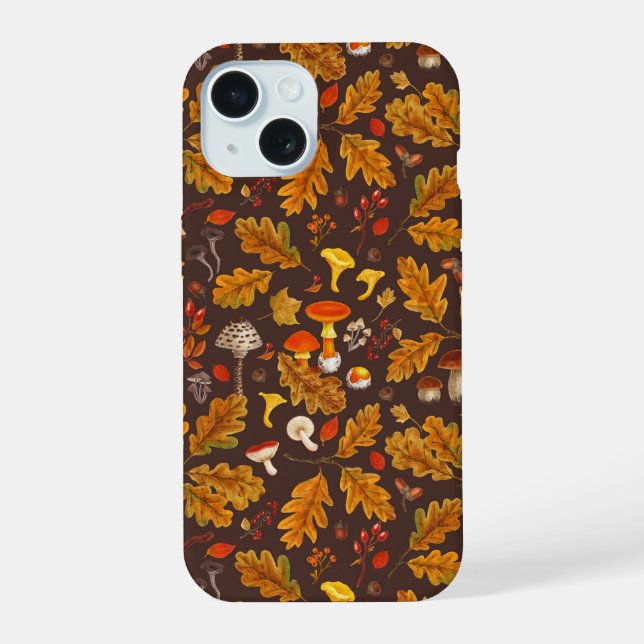 Coque iPhone 15 Champignons forestiers et flore d'automne sur brun (Verso)