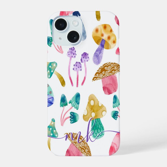 Coque iPhone 15 Champignons mignons à l'aquarelle (Verso)