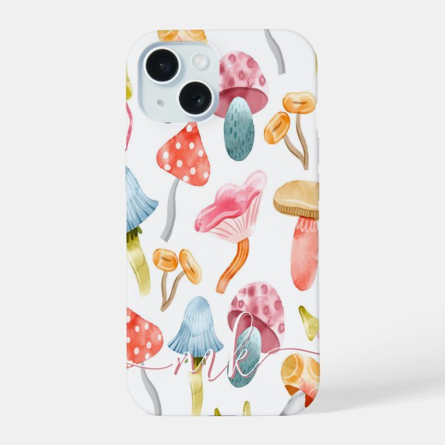 Coque iPhone 15 Champignons pastel à l'aquarelle (Verso)