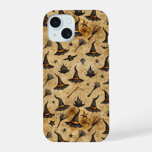 Coque iPhone 15 Chapeaux de sorcière vintage et balais de Hallowee
