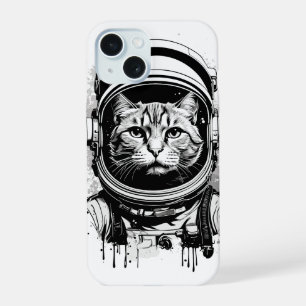 Coque iPhone 15 Chat astronaute noir et blanc