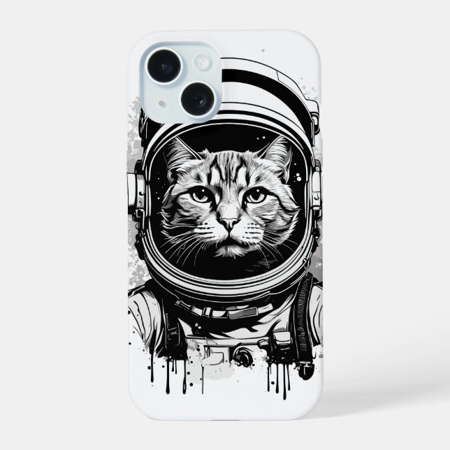 Coque iPhone 15 Chat astronaute noir et blanc (Verso)