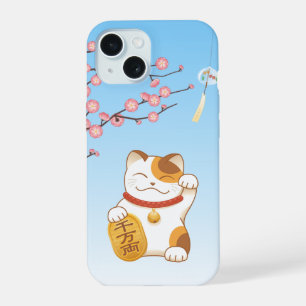 Coque iPhone 15 Chat de chance japonais, Maneki Neko calicot