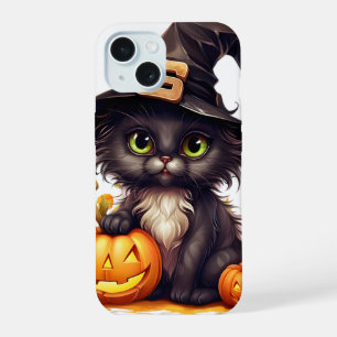 Coque iPhone 15 Chat de Halloween mignon sorcière sur citrouille s