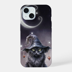Coque iPhone 15 Chat d'Halloween noir portant un chapeau de sorciè