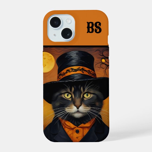Coque iPhone 15 Chat éffrayant d'Halloween caché (Verso)