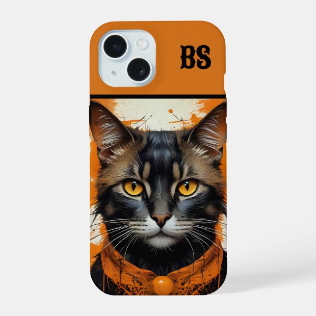 Coque iPhone 15 Chat éffrayant d'Halloween caché (Verso)