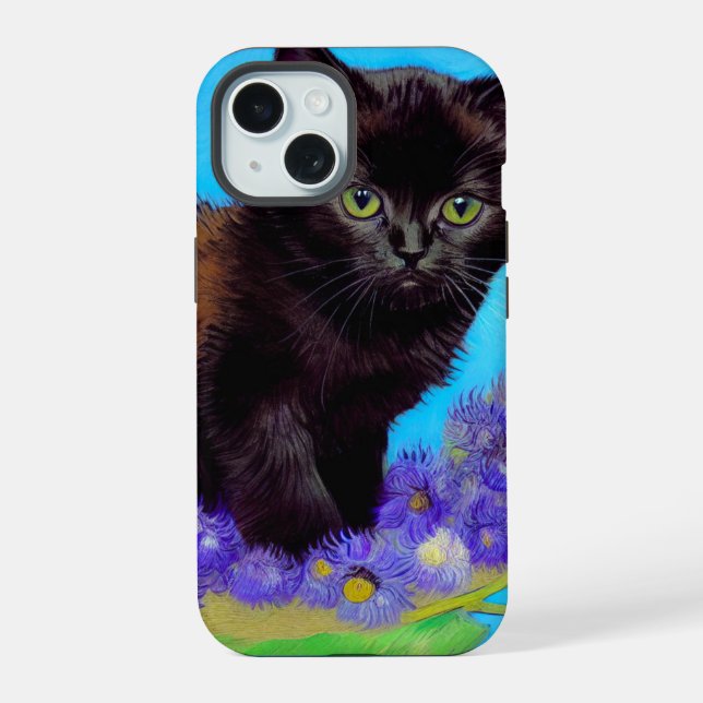 Coque iPhone 15 Chat et fleurs de Van Gogh (Verso)