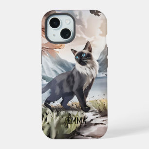 Coque iPhone 15 Chat flou noir et blanc à l'aquarelle dans la natu