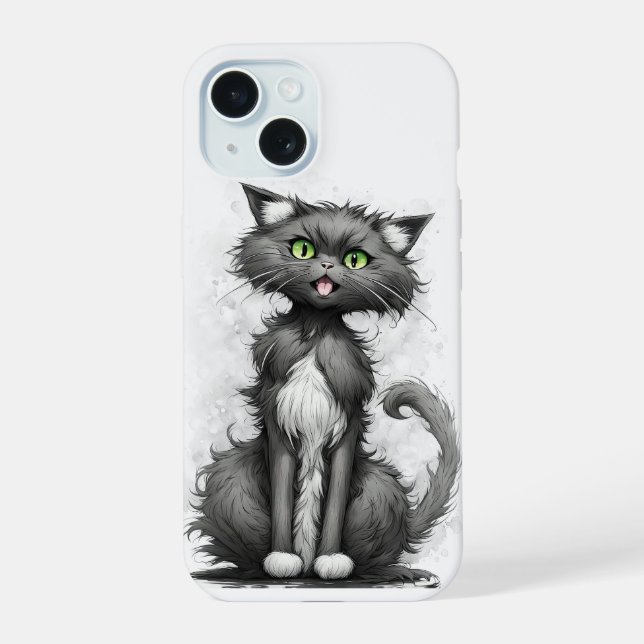 Coque iPhone 15 Chat fou sur blanc (Verso)