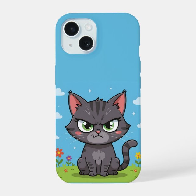 Coque iPhone 15 Chat gris en colère (Verso)