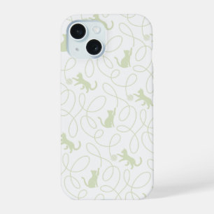 Coque iPhone 15 Chat joueur et motif de pelote de laine Vert sauge