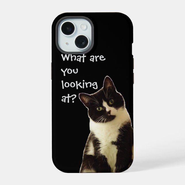 Coque iPhone 15 Chat méchant "Qu'est-ce que vous regardez.."  (Verso)