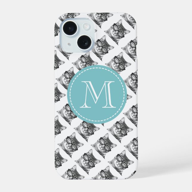 Coque iPhone 15 Chat mignon avec motif de lunettes monogramme pers (Verso)