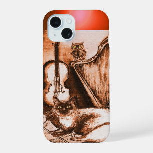 COQUE iPhone 15 CHAT MUSICAL AVEC HIBOU EN SÉPIA BRUN GEMME
