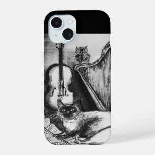 Coque iPhone 15 CHAT MUSICAL, CHOUETTE, VIOLON, HARPE Noir Blanc G