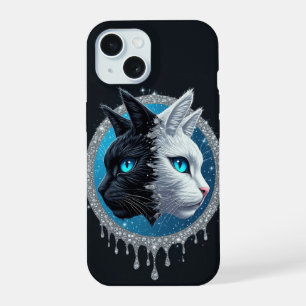 Coque iPhone 15 Chat noir blanc visage divisé ✨ Yeux bleus saisiss