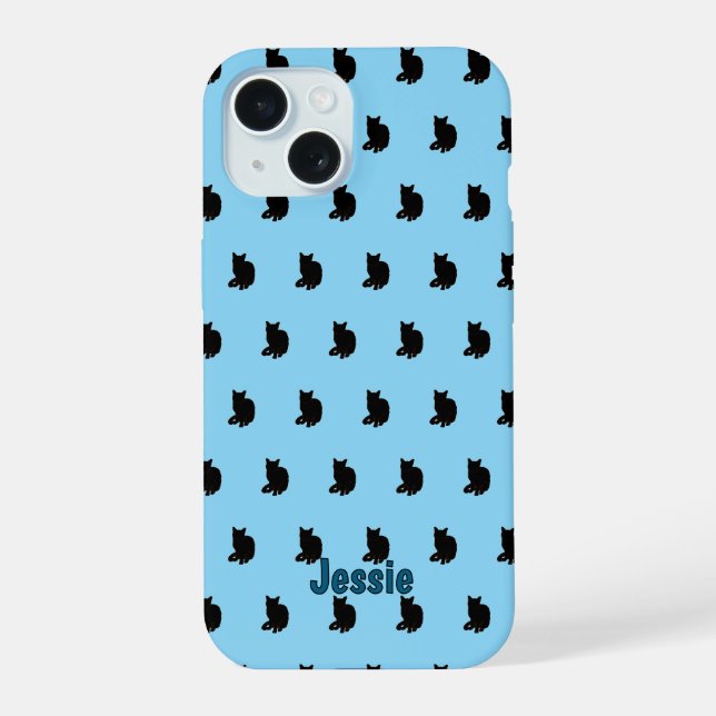 Coque iPhone 15 Chat noir (bleu) (Verso)