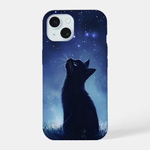 Coque iPhone 15 Chat noir dans une prairie magique étoilée