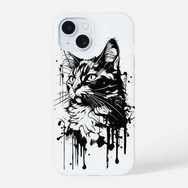 Coque iPhone 15 Chat noir et blanc Splash  (Verso)