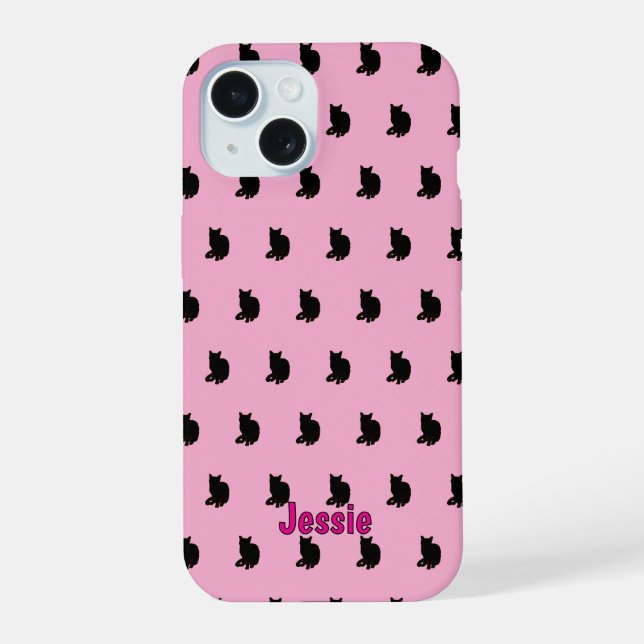 Coque iPhone 15 Chat noir (rose) (Verso)