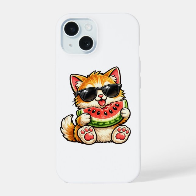 Coque iPhone 15 Chat pastèque cool (Verso)