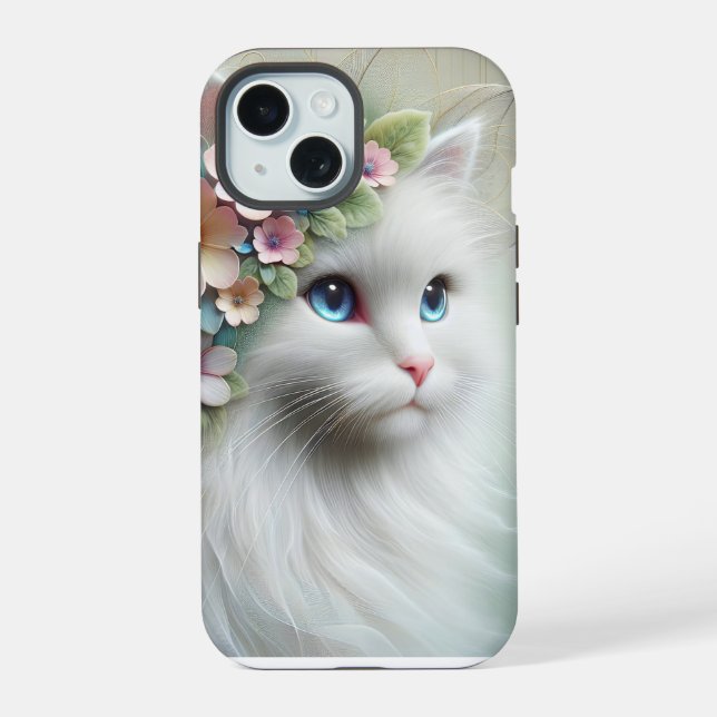 Coque iPhone 15 Chat Perse Avec Laurel Floral (Verso)