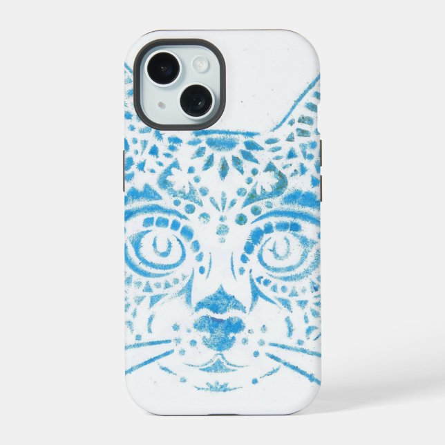 Coque iPhone 15 chat pochoirs bleu (Verso)