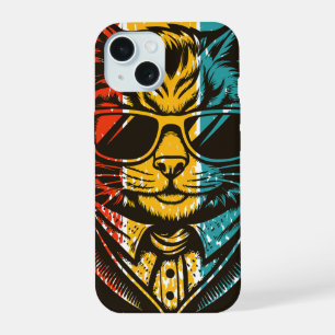 Coque iPhone 15 Chat Rétro Cool avec Lunettes de Soleil