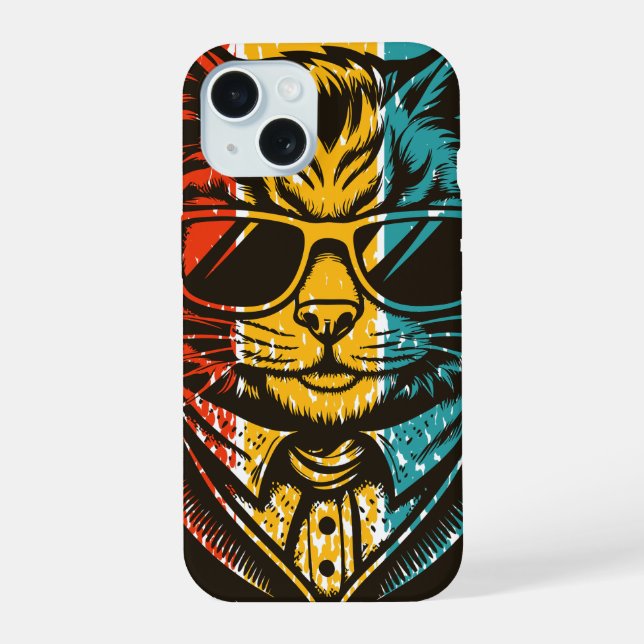Coque iPhone 15 Chat Rétro Cool avec Lunettes de Soleil (Verso)