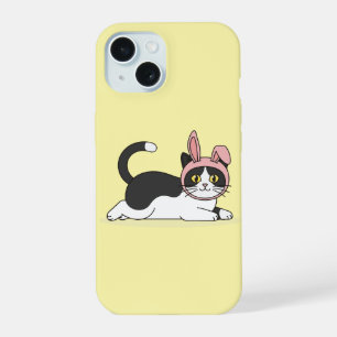 Coque iPhone 15 Chat Tuxedo Adorable avec un Chapeau de Lapin Rose