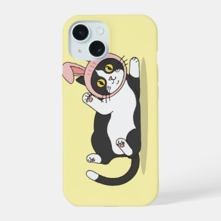 Coque iPhone 15 Chat Tuxedo Adorable avec un Chapeau Lapin Rose