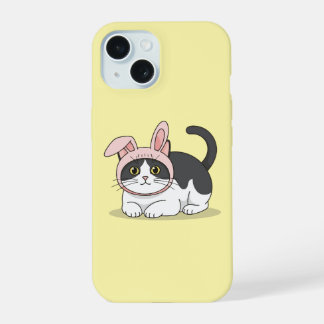 Coque iPhone 15 Chat Tuxedo Adorable avec un Chapeau Lapin Rose Es