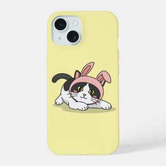 Coque iPhone 15 Chat Tuxedo Adorable en Chapeau de Lapin Rose Aest