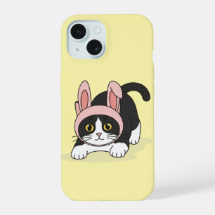 Coque iPhone 15 Chat Tuxedo Adorable en Chapeau de Lapin Rose Esth