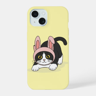 Coque iPhone 15 Chat Tuxedo Adorable en Chapeau de Lapin Rose Esth