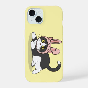 Coque iPhone 15 Chat Tuxedo Mignon en Costume d'Oreilles de Lapin