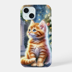 Coque iPhone 15 Chaton jaune Noël vintage