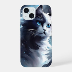 Coque iPhone 15 Chaton Mystique Noir et Blanc Chat à l'Aquarelle