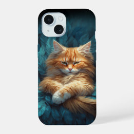 Coque iPhone 15 Chaton tigré orange dans un lit de plumes bleues