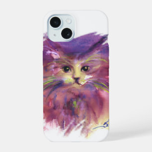 Coque iPhone 15 CHATON VIOLET,PORTRAIT DE CHAT,Blanc