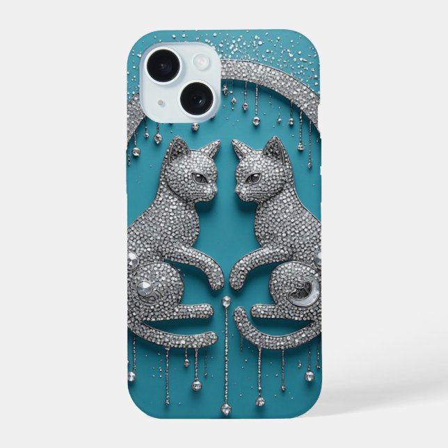 Coque iPhone 15 Chats à Cristal Jumelés ✨ Bijoux Élégants et Symét (Verso)