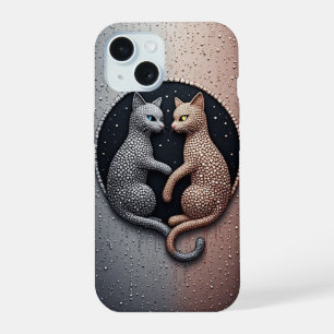 Coque iPhone 15 Chats avec texture dégoulinante et Yin-Yang mystiq