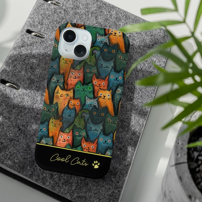 Coque iPhone 15 Chats cool Aquarelle couleur noir (Cool Cats Watercolor Colorful Black iPhone 15 Case)