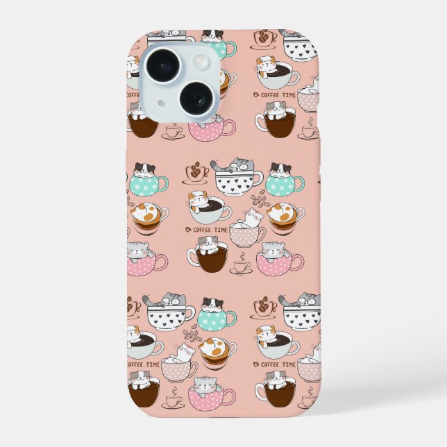 Coque iPhone 15 Chats drôles de café (Verso)