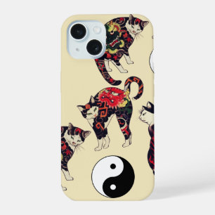 COQUE iPhone 15 CHATS JAPONAIS, TATTOOS DE DRAGON ROUGE DIABLE, YI