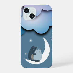 Coque iPhone 15 Chats mignons et câlins sur la Lune
