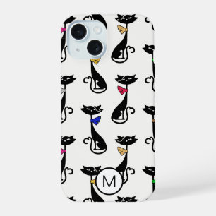 Coque iPhone 15 Chats noirs élégants motif monogramme fantaisie
